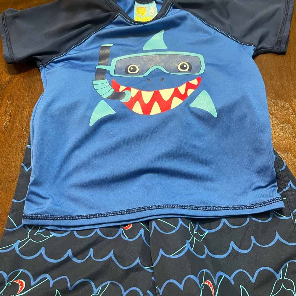 Baby Buns Toddler Boy’s Swim Shorts with Rash Guard Shirt . Muti Colors .